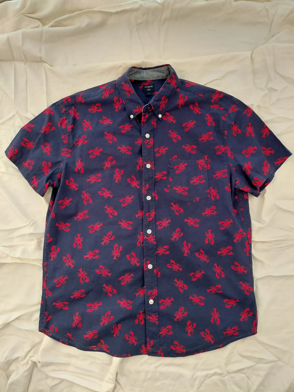 J. Crew Navy Short-Sleeve Button-Down Shirt with Red Lobster Print